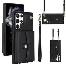 Per Samsung Galaxy S22 Ultra 5G Custodia per telefono in pelle con slot per schede RFID con cordino lungo (nero)