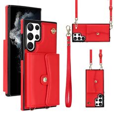 Per Samsung Galaxy S22 Ultra 5G Custodia per telefono in pelle con slot per schede RFID con cordino lungo (rosso)