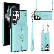 Per Samsung Galaxy S22 Ultra 5G Custodia per telefono in pelle con slot per schede RFID con cordino lungo (verde menta)