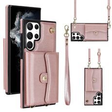 Per Samsung Galaxy S22 Ultra 5G Custodia per telefono in pelle con slot per schede RFID con cordino lungo (oro rosa)