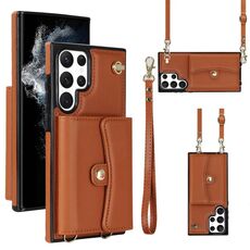 Custodia in pelle per Samsung Galaxy S22 Ultra 5G RFID con slot per schede RFID con cordino lungo (marrone)
