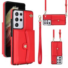 Per Samsung Galaxy S21 Ultra 5G Custodia per telefono in pelle con slot per schede RFID con cordino lungo (rosso)