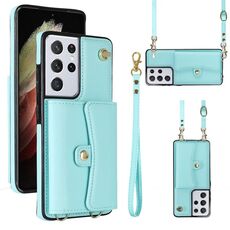 Per Samsung Galaxy S21 Ultra 5G Custodia per telefono in pelle con slot per schede RFID con cordino lungo (verde menta)