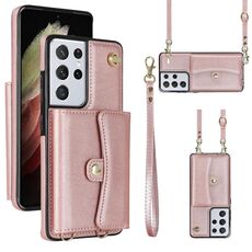 Per Samsung Galaxy S21 Ultra 5G Custodia per telefono in pelle con slot per schede RFID con cordino lungo (oro rosa)