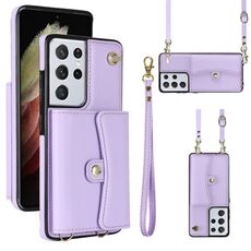 Per Samsung Galaxy S21 Ultra 5G Custodia per telefono in pelle con slot per schede RFID con cordino lungo (viola)