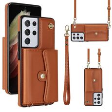 Custodia in pelle per Samsung Galaxy S21 Ultra 5G RFID con slot per schede RFID con cordino lungo (marrone)