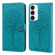 Per Samsung Galaxy S23 5G Tree & Deer Pattern Stampa pressata Custodia per telefono orizzontale in pelle a conchiglia (blu)