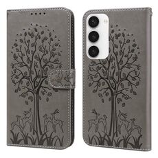 Per Samsung Galaxy S23 5G Tree & Deer Pattern Custodia per cellulare in pelle a conchiglia orizzontale con stampa pressata (grigio)