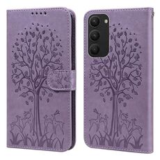 Per Samsung Galaxy S23 + 5G Tree & Deer Pattern Custodia per telefono in pelle a conchiglia orizzontale con stampa pressata (viola)