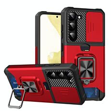 Per Samsung Galaxy S23 5G Custodia per telefono scorrevole Camshield con supporto ad anello e slot per schede (rosso)
