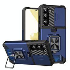 Per Samsung Galaxy S23 5G Custodia per telefono scorrevole Camshield con supporto ad anello e slot per schede (blu)