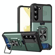 Per Samsung Galaxy S23+ 5G Custodia per telefono scorrevole Camshield con supporto per anello e slot per schede (verde)