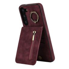 Per Samsung Galaxy S23 + 5G Custodia per cellulare con anello retrò e cerniera RFID (rosso vino)