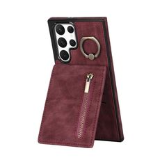 Per Samsung Galaxy S22 Ultra 5G Custodia per cellulare con anello retrò e cerniera RFID (vino rosso)