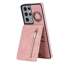 Per Samsung Galaxy S21 Ultra 5G Custodia per cellulare con anello retrò e cerniera RFID (rosa)