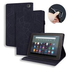 Per Amazon Kindle Fire 7 2022 Custodia per tablet in pelle goffrata con texture in vitello (nero)