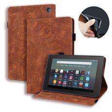 Per Amazon Kindle Fire 7 2022 Custodia per tablet in pelle goffrata con texture in vitello (marrone)