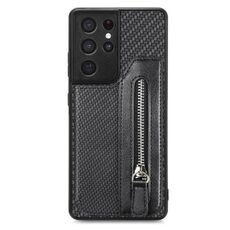 Per Samsung Galaxy S21 Ultra 5G Custodia a portafoglio con cerniera orizzontale in fibra di carbonio (nero)