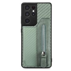 Per Samsung Galaxy S21 Ultra 5G Custodia a portafoglio con cerniera orizzontale in fibra di carbonio (verde)
