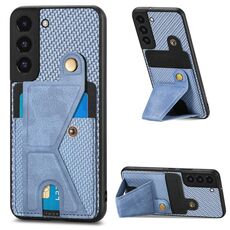 Per Samsung Galaxy S22 + 5G Portafoglio in fibra di carbonio Custodia per cellulare con supporto a forma di K (blu)