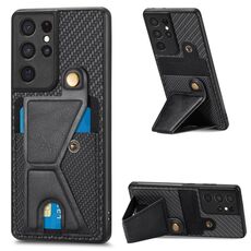 Per Samsung Galaxy S21 Ultra 5G Portafoglio in fibra di carbonio Flip Card Custodia per telefono a forma di K (nero)