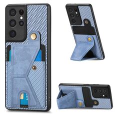 Per Samsung Galaxy S21 Ultra 5G Portafoglio in fibra di carbonio Flip Card Custodia per telefono a forma di K (blu)