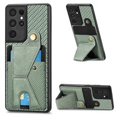 Per Samsung Galaxy S21 Ultra 5G Portafoglio in fibra di carbonio Flip Card Custodia per telefono a forma di K (verde)