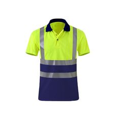T-shirt riflettente ad asciugatura rapida Camicia da lavoro di sicurezza a maniche corte con risvolto, taglia: L (fluorescente + blu navy)