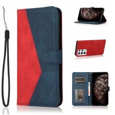 Per Samsung Galaxy S21 Ultra 5G Custodia in pelle con cuciture bicolore (rosso blu)