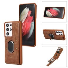 Per Samsung Galaxy S21 Ultra 5G Armor Ring Wallet Cover posteriore Custodia per telefono (marrone)