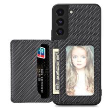 Per Samsung Galaxy S22 5G Custodia a portafoglio per carte magnetiche in fibra di carbonio (nero)