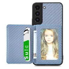 Per Samsung Galaxy S22 5G Custodia a portafoglio per carte magnetiche in fibra di carbonio (blu)