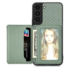 Per Samsung Galaxy S22 5G Custodia per cellulare a portafoglio con carta magnetica in fibra di carbonio (verde)