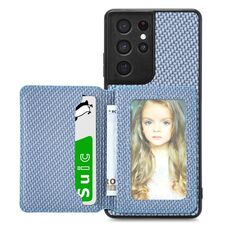 Per Samsung Galaxy S21 Ultra 5G Custodia a portafoglio per carte magnetiche in fibra di carbonio (blu)