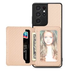 Per Samsung Galaxy S21 Ultra 5G Custodia a portafoglio per carte magnetiche in fibra di carbonio (cachi)
