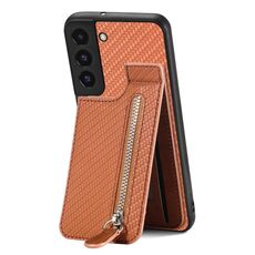 Per Samsung Galaxy S22 + 5G Custodia a portafoglio con cerniera verticale in fibra di carbonio (marrone)