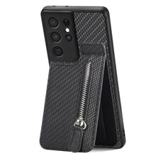 Per Samsung Galaxy S21 Ultra 5G Custodia a portafoglio con cerniera verticale in fibra di carbonio (nero)