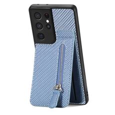 Per Samsung Galaxy S21 Ultra 5G Custodia a portafoglio con cerniera verticale in fibra di carbonio (blu)