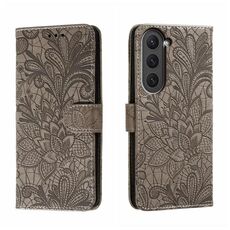Per Samsung Galaxy S23 5G Custodia per cellulare in pelle goffrata fiore di pizzo (grigio)