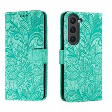Per Samsung Galaxy S23 5G Custodia per cellulare in pelle goffrata fiore di pizzo (verde)