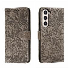Per Samsung Galaxy S23+ 5G Custodia per cellulare in pelle goffrata fiore di pizzo (grigio)