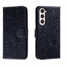Per Samsung Galaxy S23+ 5G Custodia per cellulare in pelle goffrata fiore di pizzo (blu scuro)