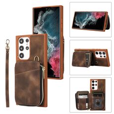 Per Samsung Galaxy S22 Ultra 5G Zipper Card Bag Cover posteriore Custodia per telefono (marrone)