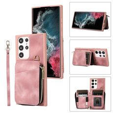 Per Samsung Galaxy S22 Ultra 5G Zipper Card Bag Cover posteriore Custodia per telefono (rosa)