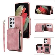 Per Samsung Galaxy S21 Ultra 5G Zipper Card Bag Cover posteriore Custodia per telefono (rosa)