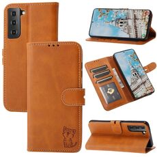 Per Samsung Galaxy S23 5G Custodia per cellulare in pelle con motivo Happy Cat goffrato (giallo)