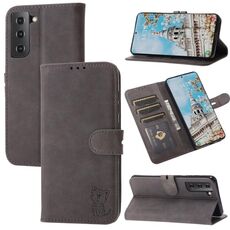 Per Samsung Galaxy S23 5G Custodia per cellulare in pelle con motivo Happy Cat goffrato (grigio)