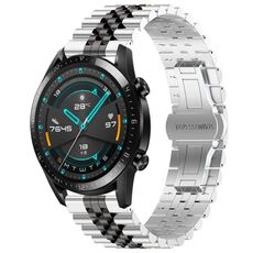 Per Huawei Watch GT 42mm / 46mm / GT2 46mm Cinturino per orologio in acciaio inossidabile semitondo Five Bull + strumento di rimozione cinturino (argento + nero)