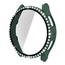 Per Samsung Galaxy Watch5 44 mm PC a fila singola con diamanti + cassa dell'orologio in vetro temperato (verde scuro)