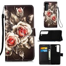 Per Samsung Galaxy S23+ 5G Custodia per telefono in pelle tinta unita con disegno colorato (rose su nero)
